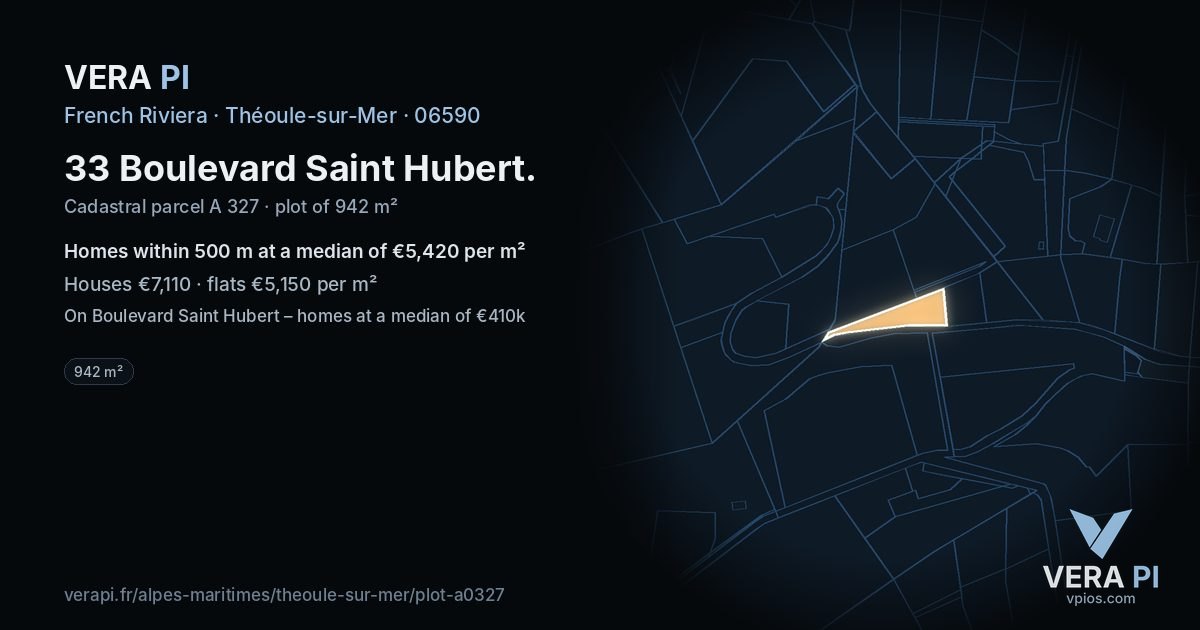 33 Boulevard Saint Hubert, Théoule-sur-Mer at night – the plot lit, the parcels around coloured by the prices near them