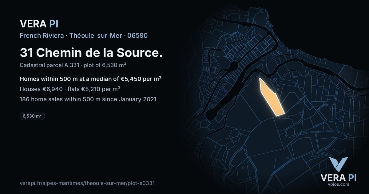 31 Chemin de la Source, Théoule-sur-Mer at night – the plot lit, the parcels around coloured by the prices near them