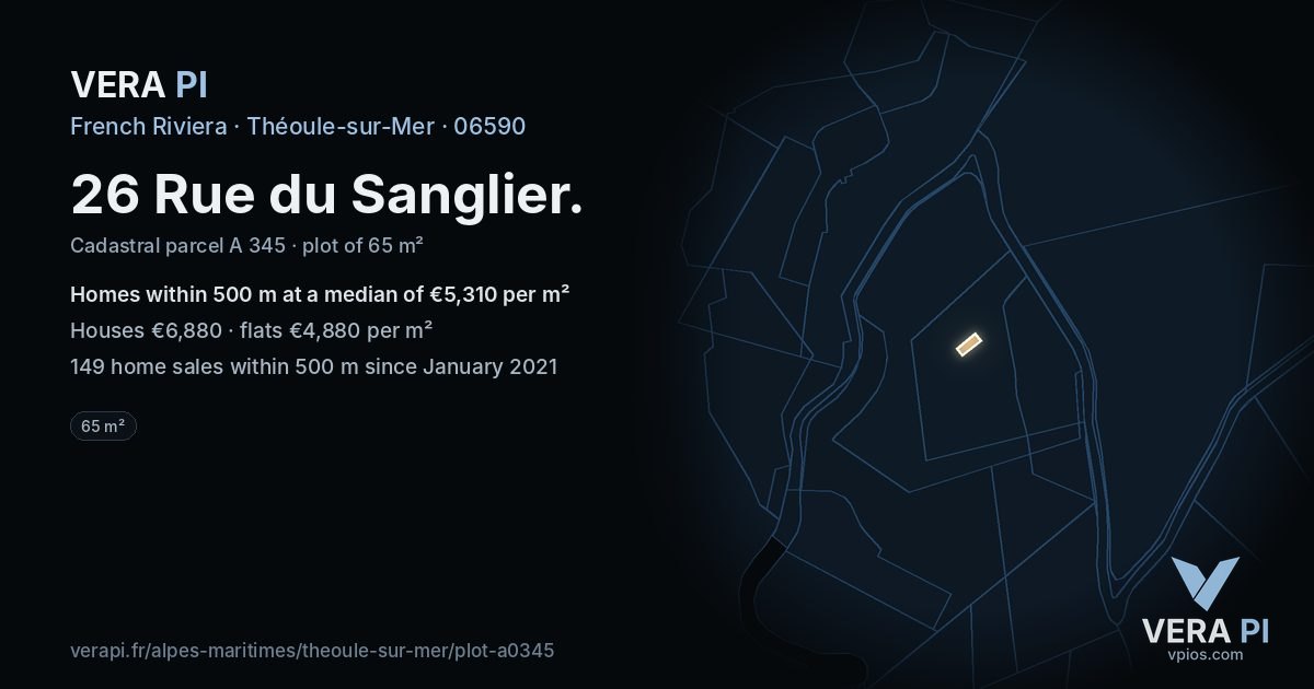 26 Rue du Sanglier, Théoule-sur-Mer at night – the plot lit, the parcels around coloured by the prices near them