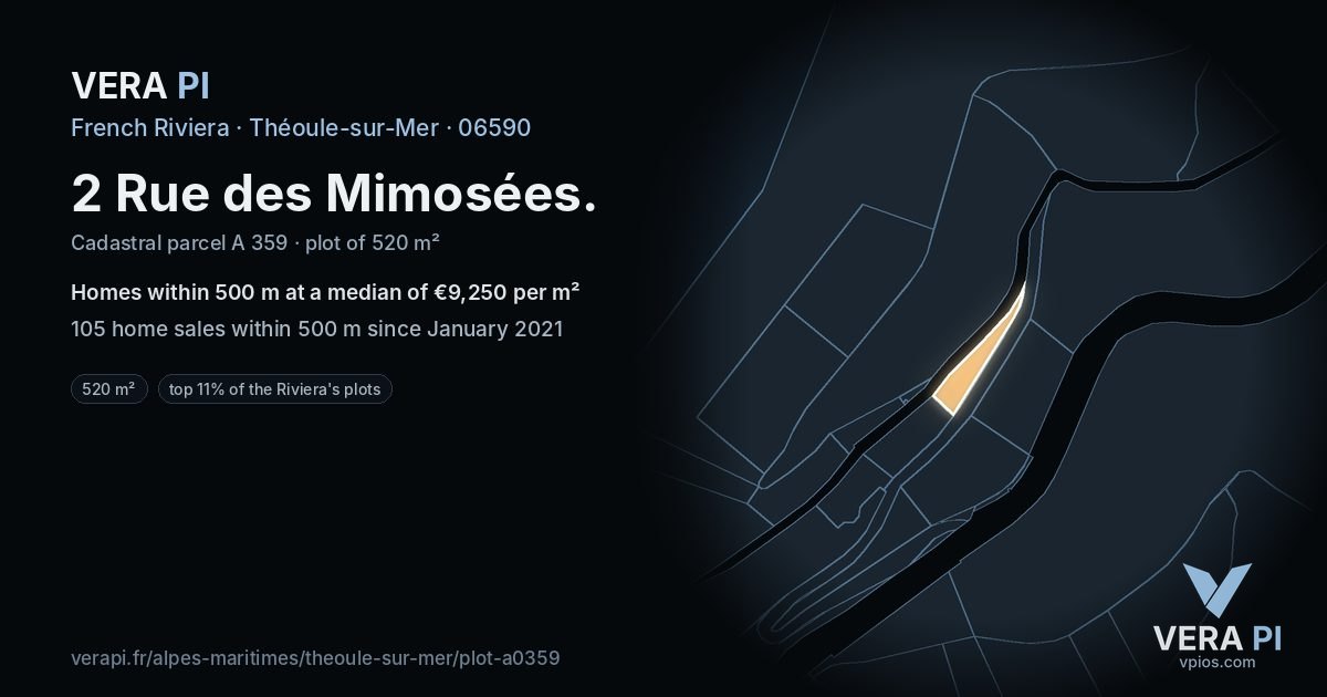 2 Rue des Mimosées, Théoule-sur-Mer at night – the plot lit, the parcels around coloured by the prices near them