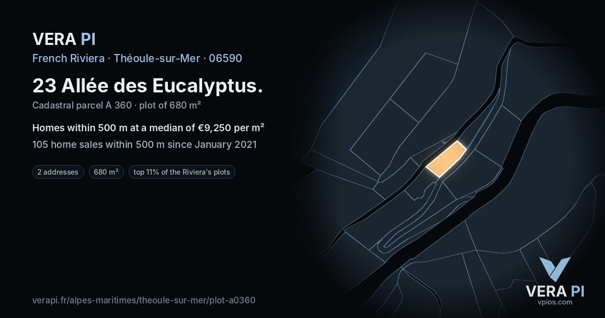 23 Allée des Eucalyptus, Théoule-sur-Mer at night – the plot lit, the parcels around coloured by the prices near them