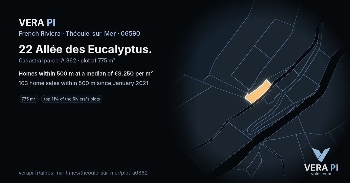 22 Allée des Eucalyptus, Théoule-sur-Mer at night – the plot lit, the parcels around coloured by the prices near them