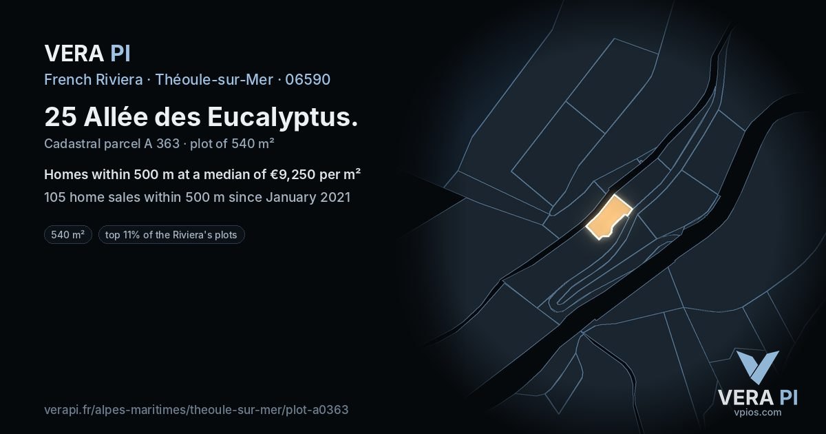 25 Allée des Eucalyptus, Théoule-sur-Mer at night – the plot lit, the parcels around coloured by the prices near them