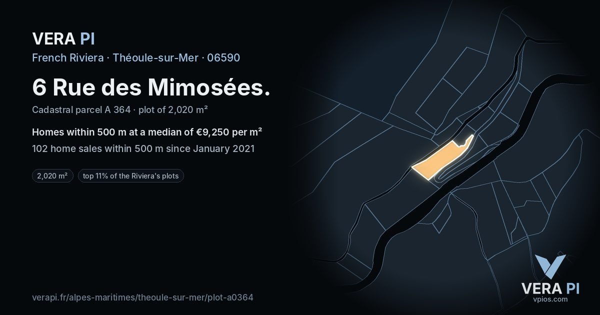 6 Rue des Mimosées, Théoule-sur-Mer at night – the plot lit, the parcels around coloured by the prices near them