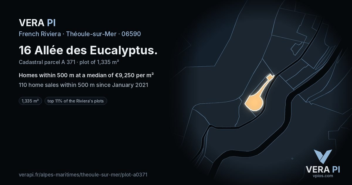 16 Allée des Eucalyptus, Théoule-sur-Mer at night – the plot lit, the parcels around coloured by the prices near them