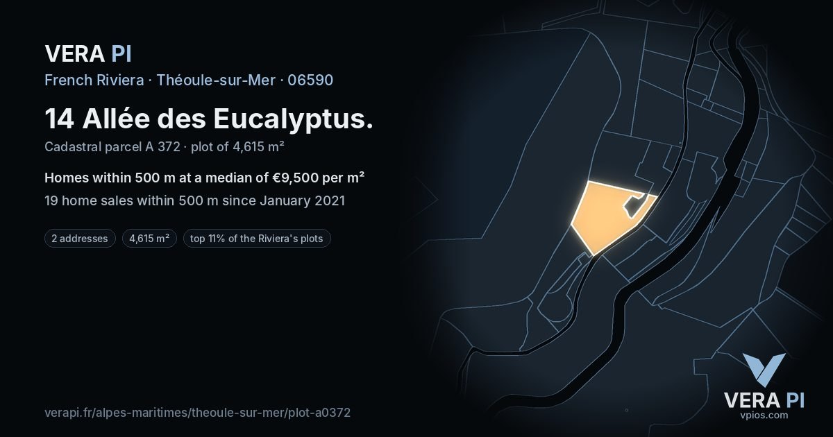 14 Allée des Eucalyptus, Théoule-sur-Mer at night – the plot lit, the parcels around coloured by the prices near them