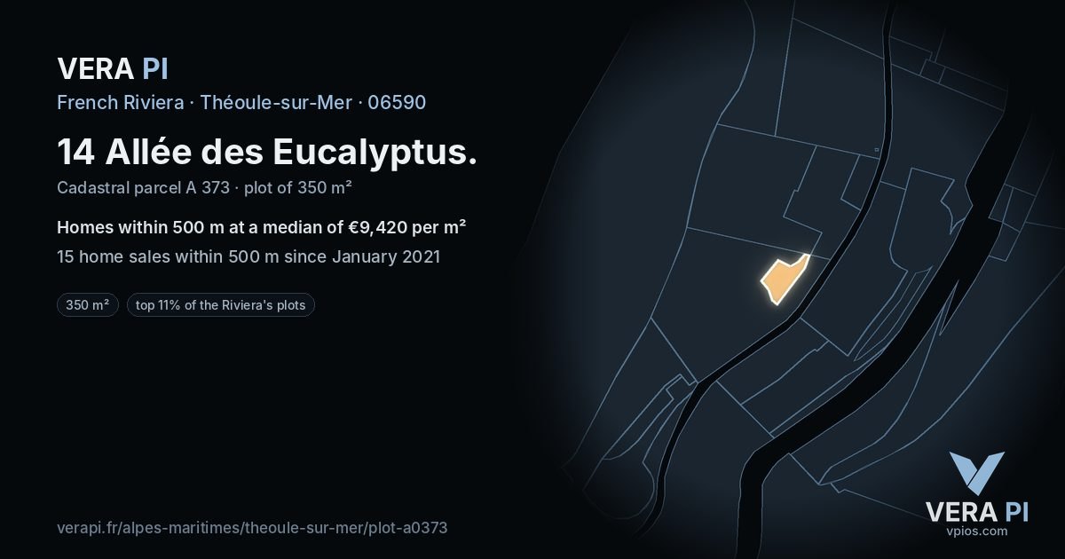 14 Allée des Eucalyptus, Théoule-sur-Mer at night – the plot lit, the parcels around coloured by the prices near them