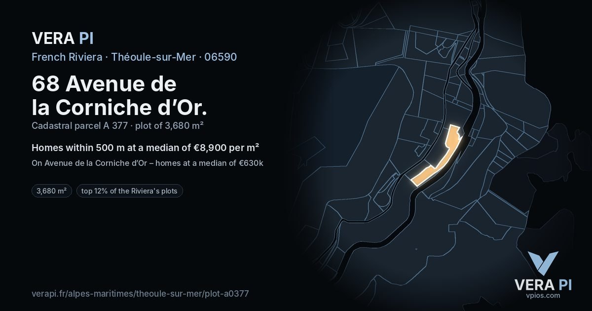 68 Avenue de la Corniche d’Or, Théoule-sur-Mer at night – the plot lit, the parcels around coloured by the prices near them
