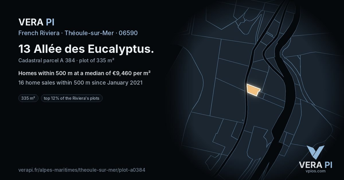 13 Allée des Eucalyptus, Théoule-sur-Mer at night – the plot lit, the parcels around coloured by the prices near them