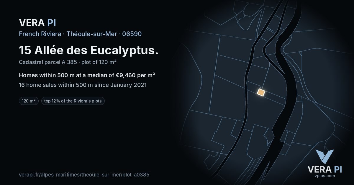 15 Allée des Eucalyptus, Théoule-sur-Mer at night – the plot lit, the parcels around coloured by the prices near them