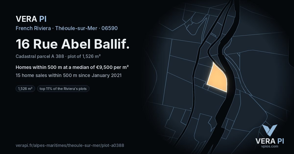 16 Rue Abel Ballif, Théoule-sur-Mer at night – the plot lit, the parcels around coloured by the prices near them
