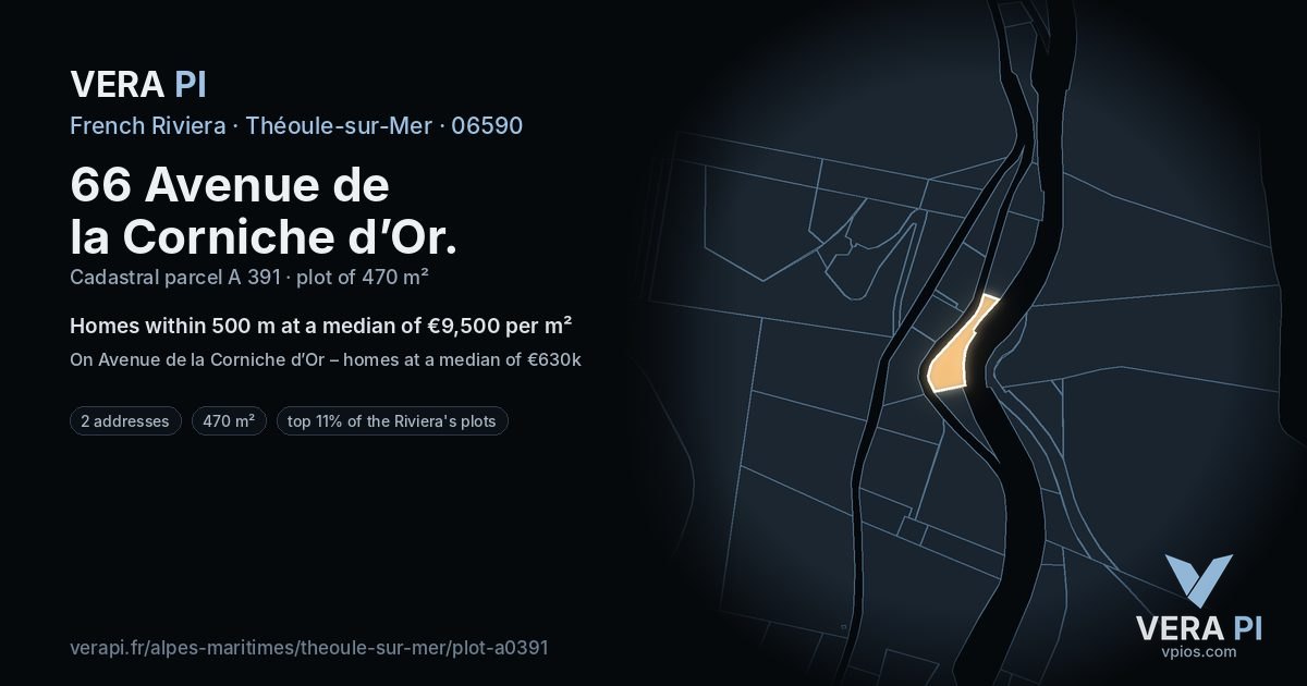 66 Avenue de la Corniche d’Or, Théoule-sur-Mer at night – the plot lit, the parcels around coloured by the prices near them