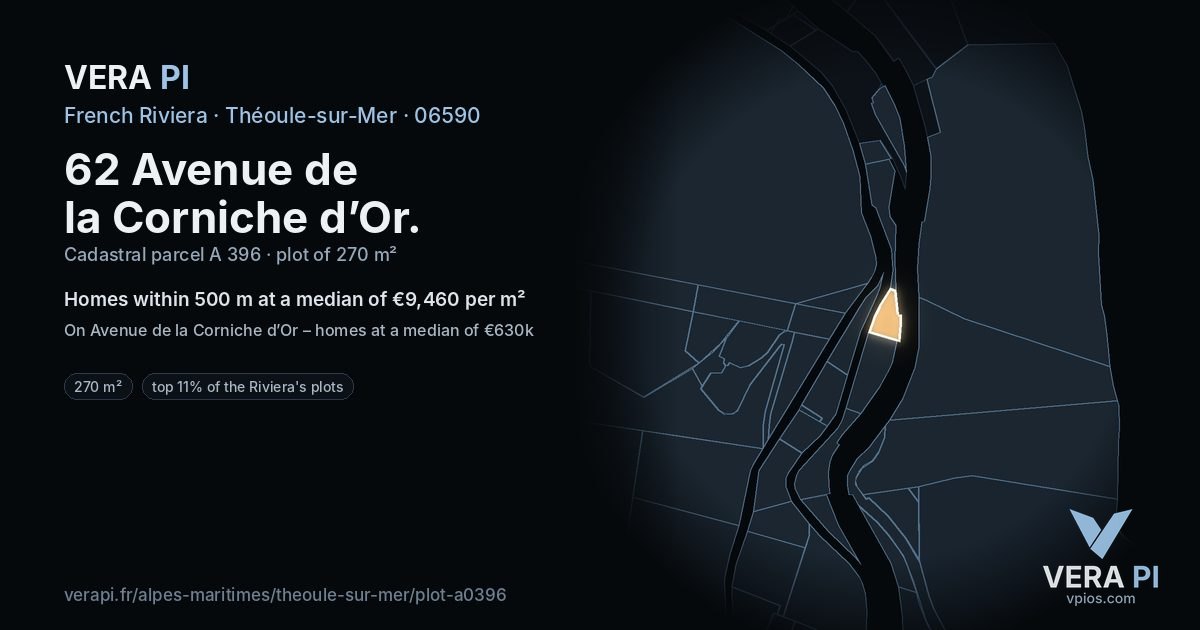 62 Avenue de la Corniche d’Or, Théoule-sur-Mer at night – the plot lit, the parcels around coloured by the prices near them