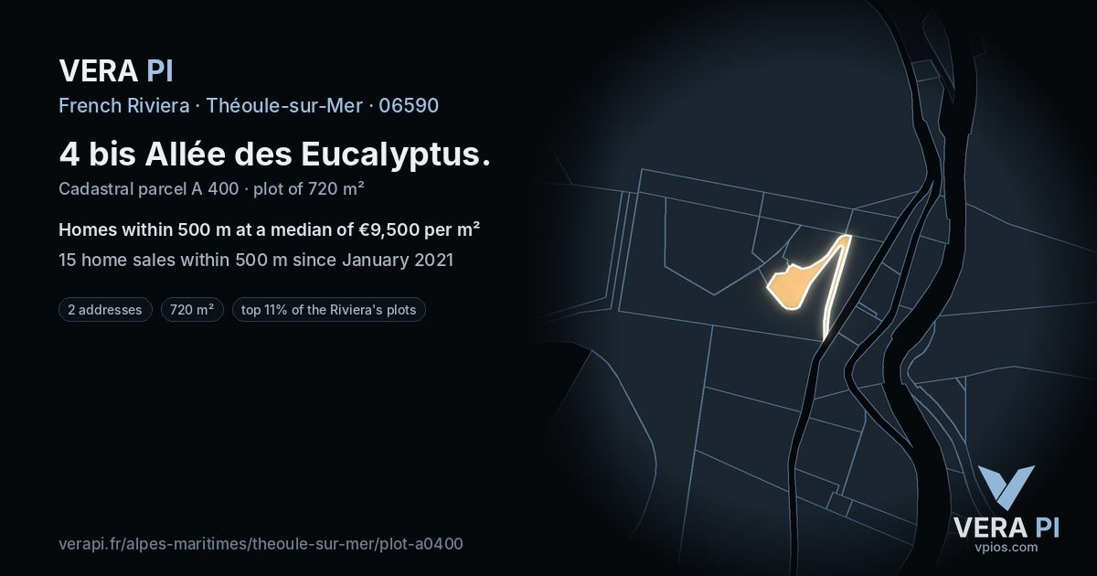 4 bis Allée des Eucalyptus, Théoule-sur-Mer at night – the plot lit, the parcels around coloured by the prices near them