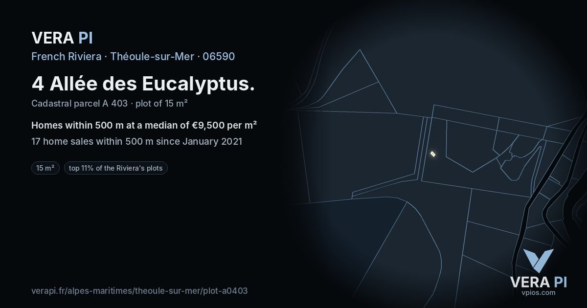 4 Allée des Eucalyptus, Théoule-sur-Mer at night – the plot lit, the parcels around coloured by the prices near them