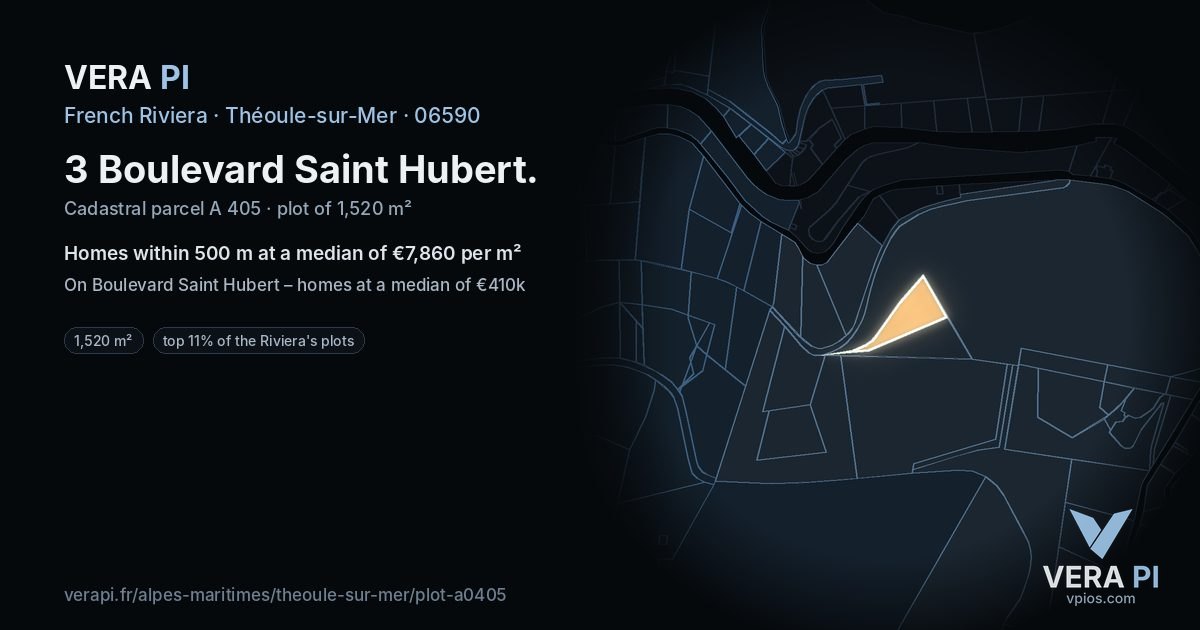3 Boulevard Saint Hubert, Théoule-sur-Mer at night – the plot lit, the parcels around coloured by the prices near them
