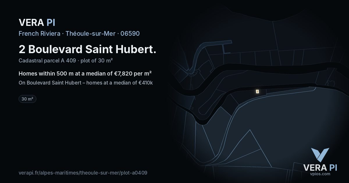 2 Boulevard Saint Hubert, Théoule-sur-Mer at night – the plot lit, the parcels around coloured by the prices near them