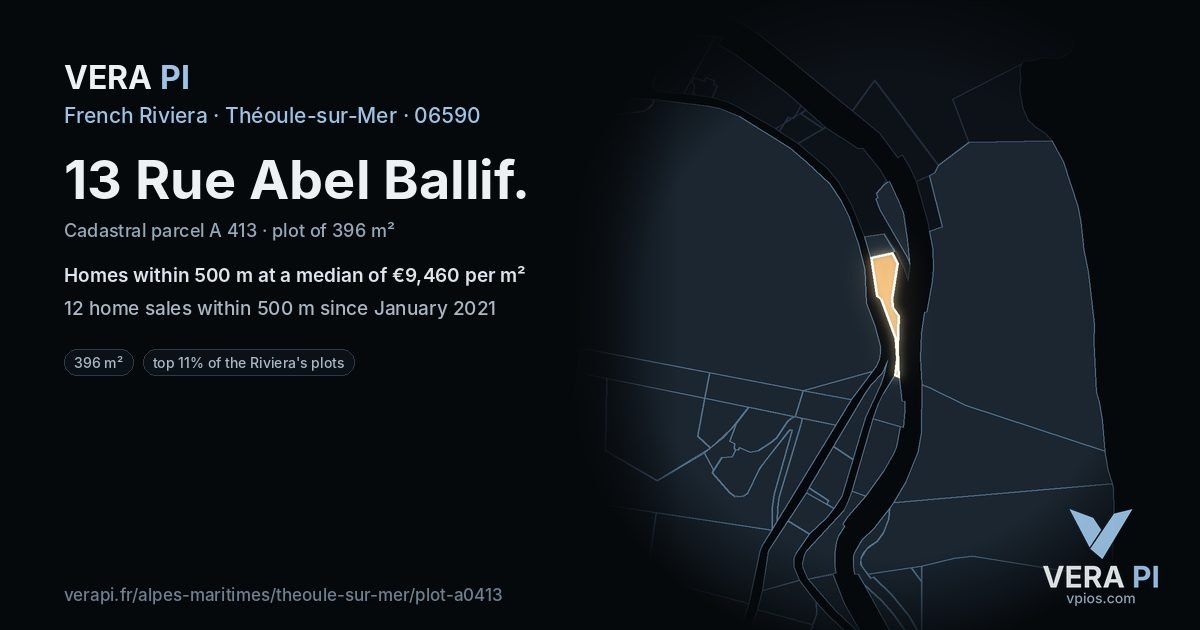 13 Rue Abel Ballif, Théoule-sur-Mer at night – the plot lit, the parcels around coloured by the prices near them