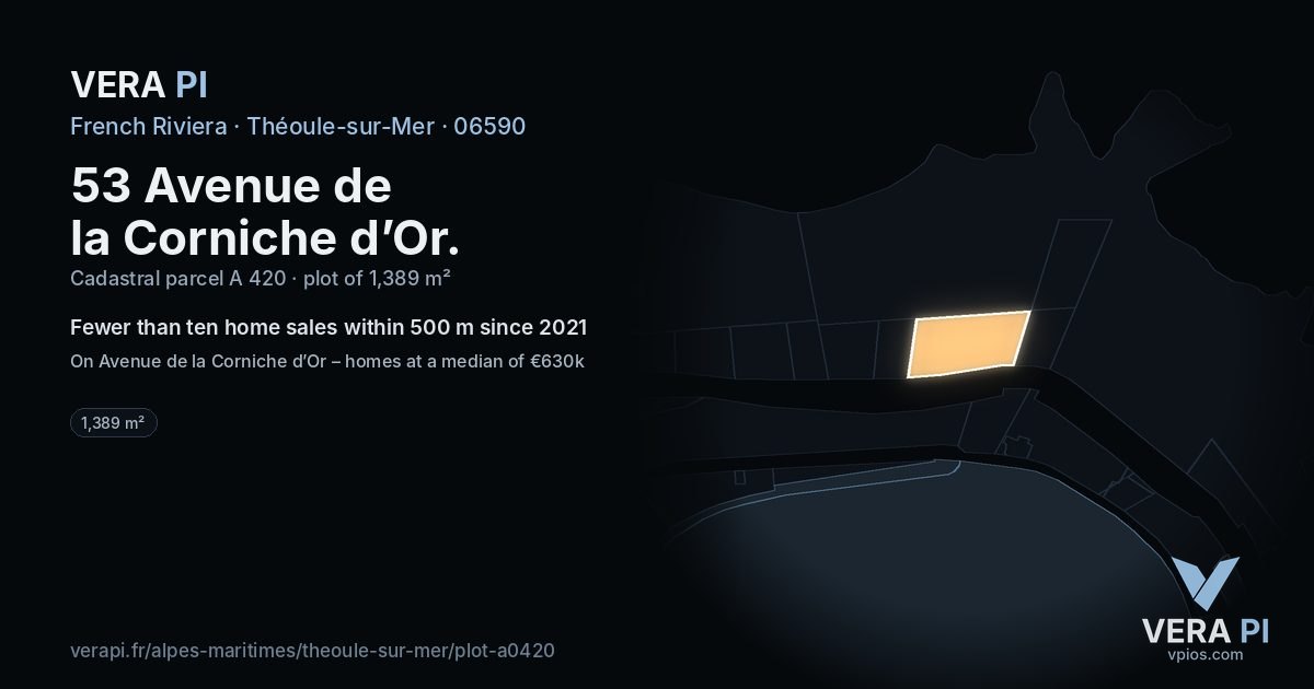 53 Avenue de la Corniche d’Or, Théoule-sur-Mer at night – the plot lit, the parcels around coloured by the prices near them
