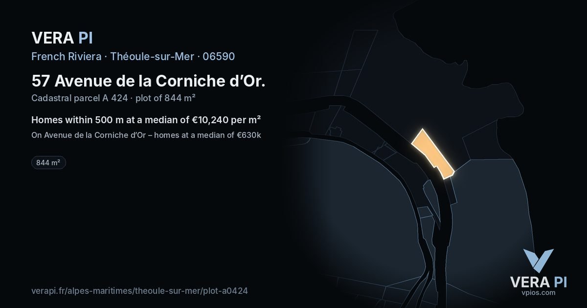 57 Avenue de la Corniche d’Or, Théoule-sur-Mer at night – the plot lit, the parcels around coloured by the prices near them