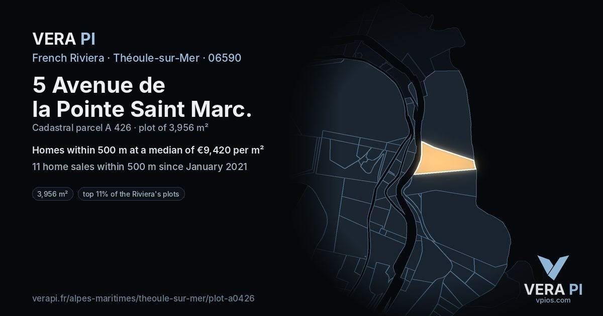 5 Avenue de la Pointe Saint Marc, Théoule-sur-Mer at night – the plot lit, the parcels around coloured by the prices near them