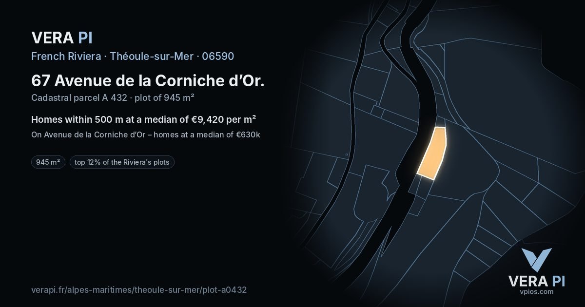 67 Avenue de la Corniche d’Or, Théoule-sur-Mer at night – the plot lit, the parcels around coloured by the prices near them