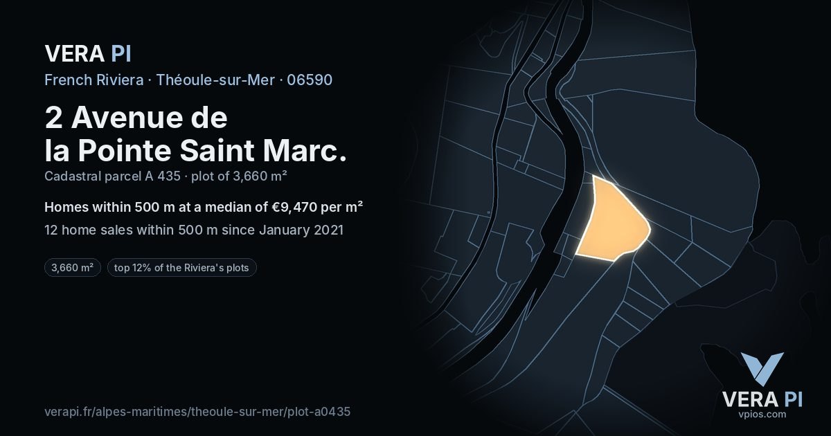 2 Avenue de la Pointe Saint Marc, Théoule-sur-Mer at night – the plot lit, the parcels around coloured by the prices near them