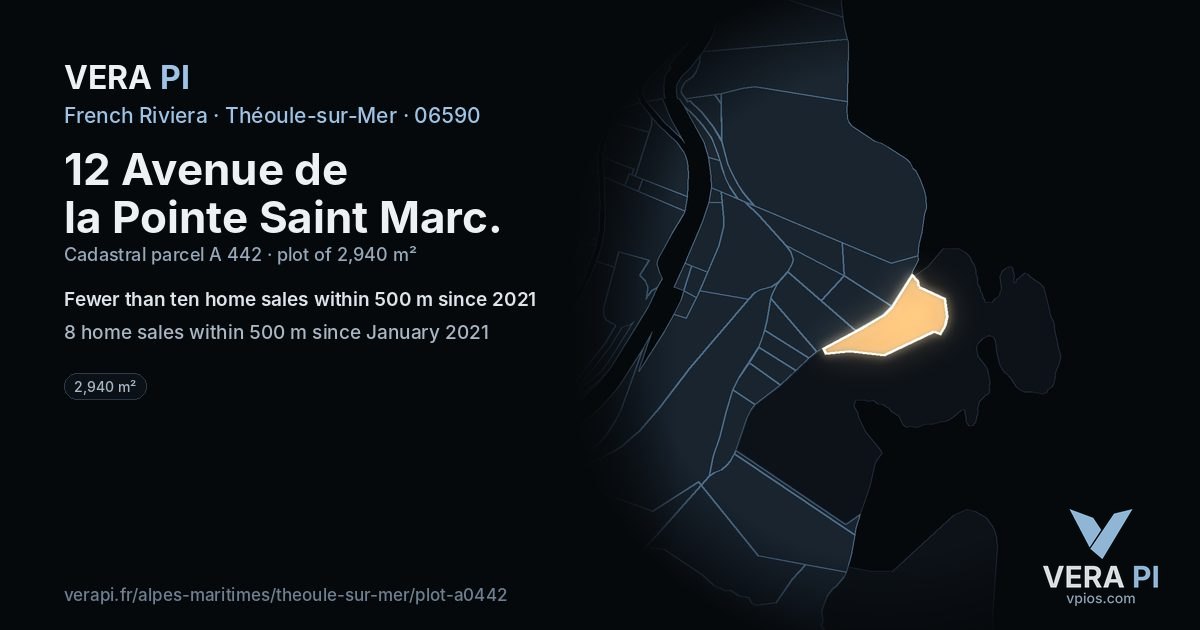 12 Avenue de la Pointe Saint Marc, Théoule-sur-Mer at night – the plot lit, the parcels around coloured by the prices near them
