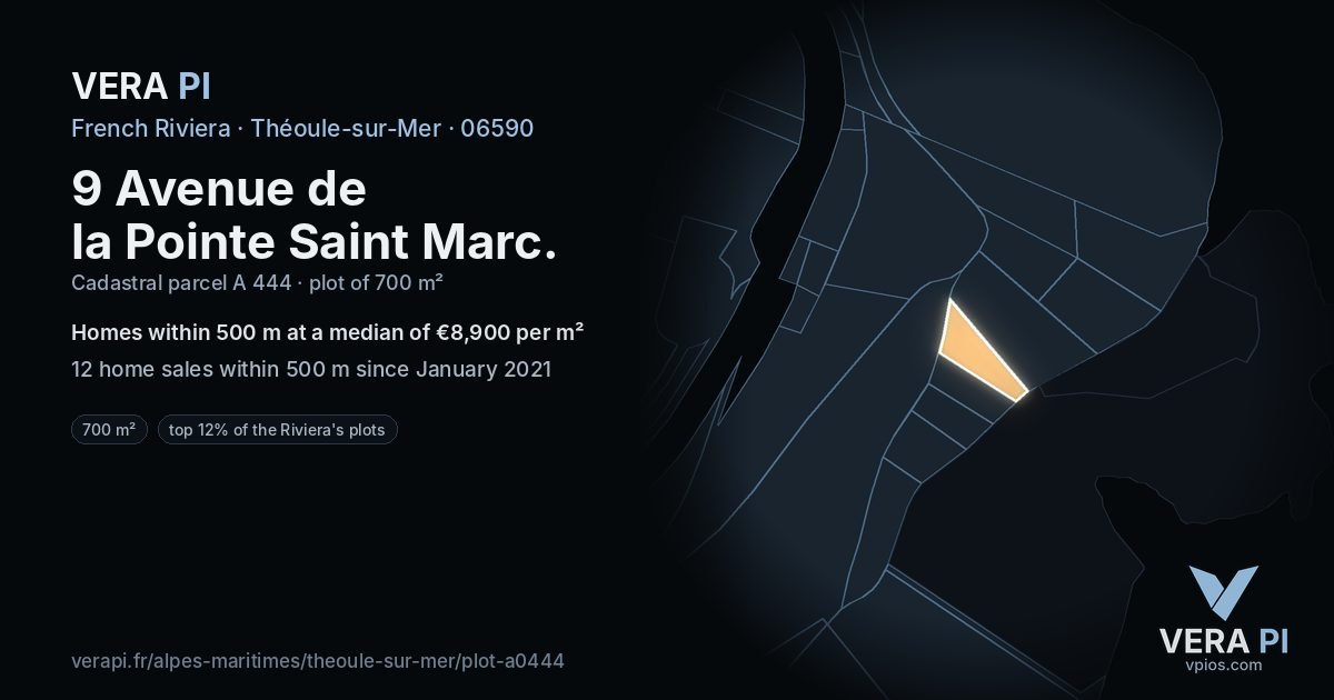 9 Avenue de la Pointe Saint Marc, Théoule-sur-Mer at night – the plot lit, the parcels around coloured by the prices near them