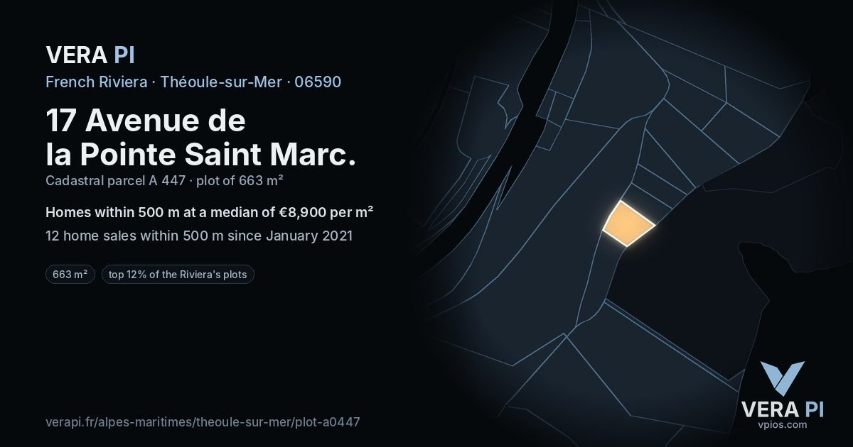 17 Avenue de la Pointe Saint Marc, Théoule-sur-Mer at night – the plot lit, the parcels around coloured by the prices near them
