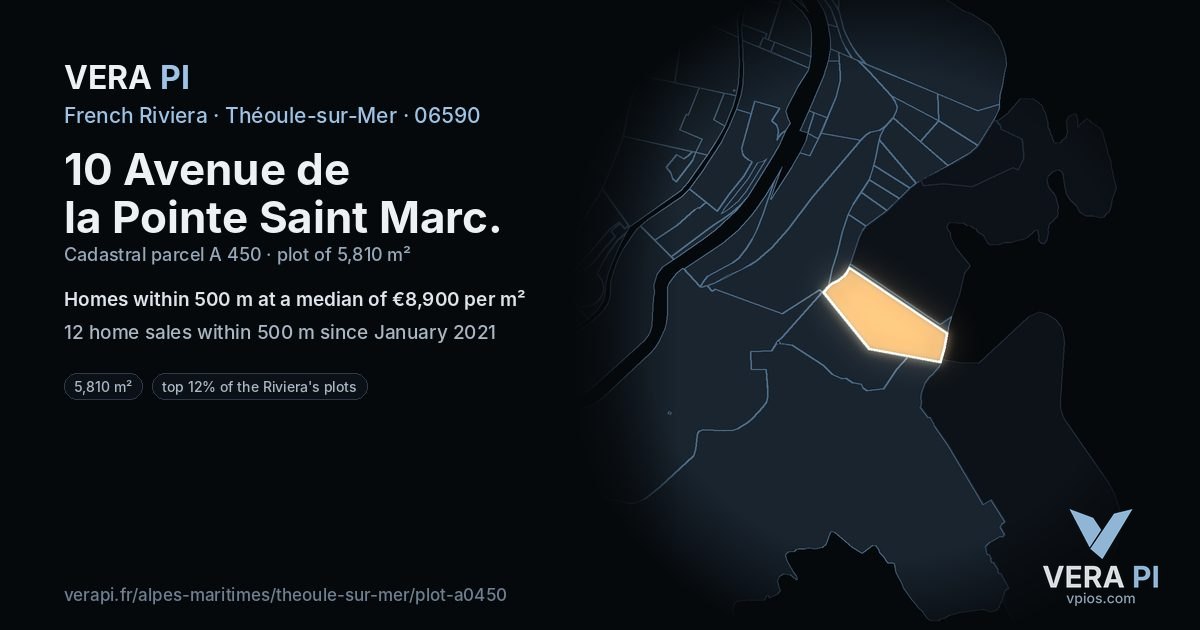 10 Avenue de la Pointe Saint Marc, Théoule-sur-Mer at night – the plot lit, the parcels around coloured by the prices near them