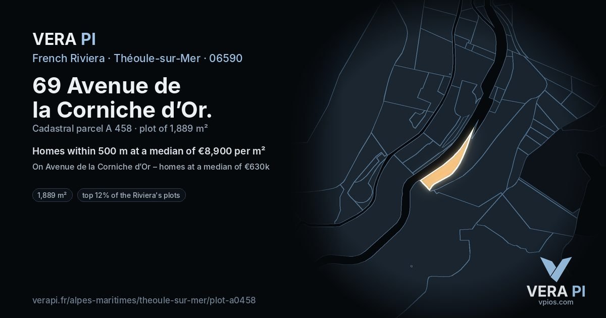 69 Avenue de la Corniche d’Or, Théoule-sur-Mer at night – the plot lit, the parcels around coloured by the prices near them