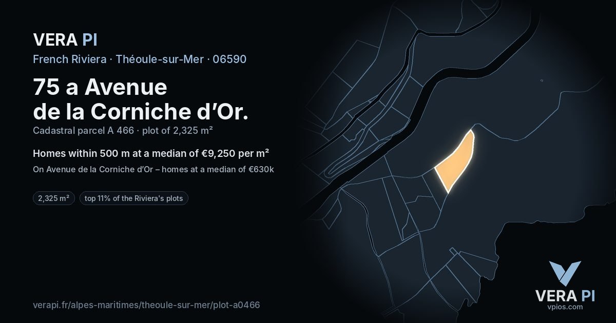 75 a Avenue de la Corniche d’Or, Théoule-sur-Mer at night – the plot lit, the parcels around coloured by the prices near them