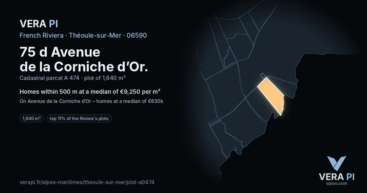 75 d Avenue de la Corniche d’Or, Théoule-sur-Mer at night – the plot lit, the parcels around coloured by the prices near them