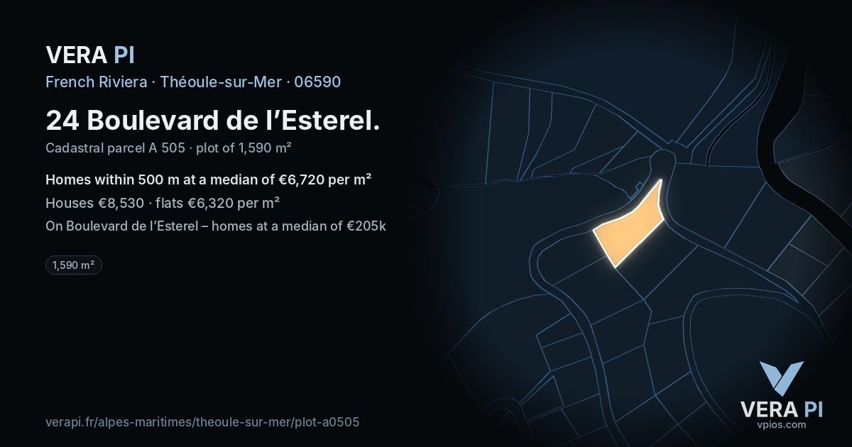 24 Boulevard de l’Esterel, Théoule-sur-Mer at night – the plot lit, the parcels around coloured by the prices near them