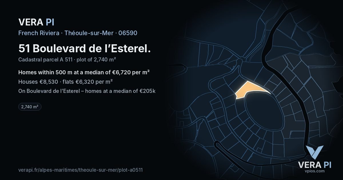 51 Boulevard de l’Esterel, Théoule-sur-Mer at night – the plot lit, the parcels around coloured by the prices near them