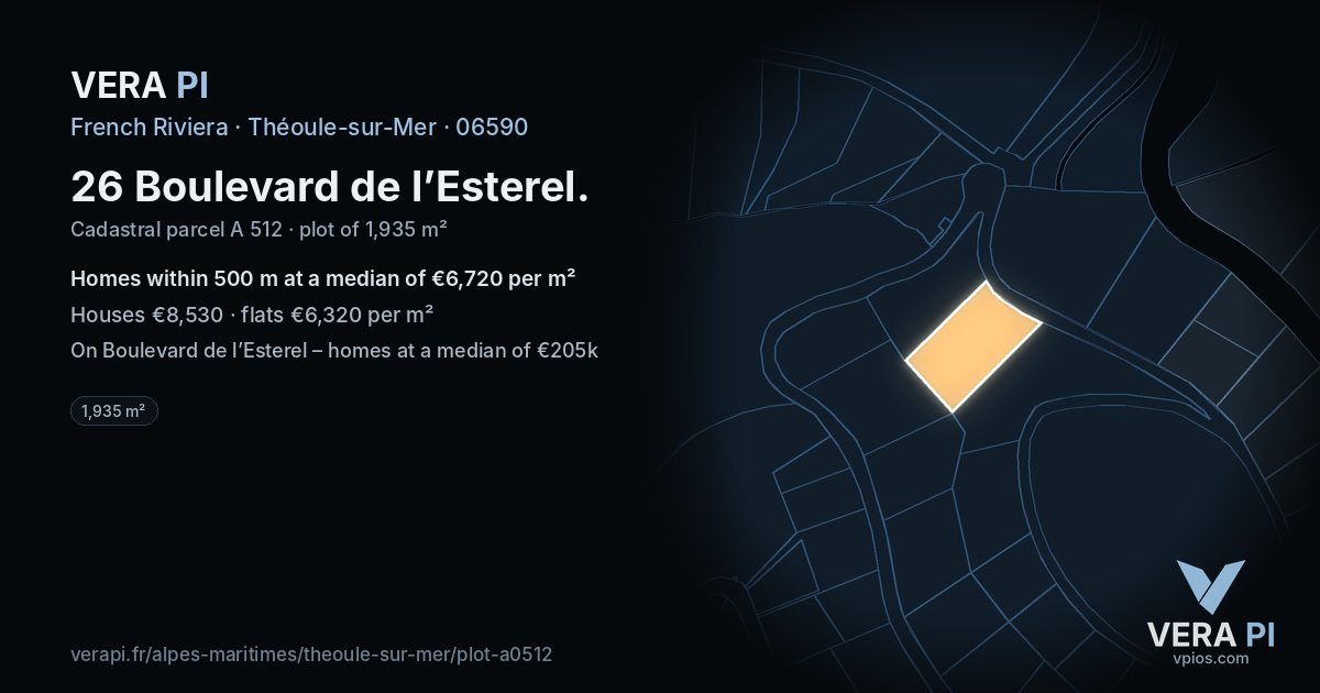 26 Boulevard de l’Esterel, Théoule-sur-Mer at night – the plot lit, the parcels around coloured by the prices near them