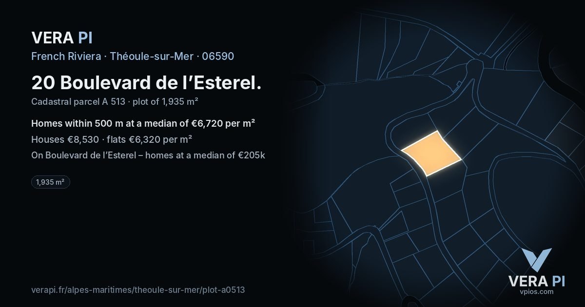 20 Boulevard de l’Esterel, Théoule-sur-Mer at night – the plot lit, the parcels around coloured by the prices near them