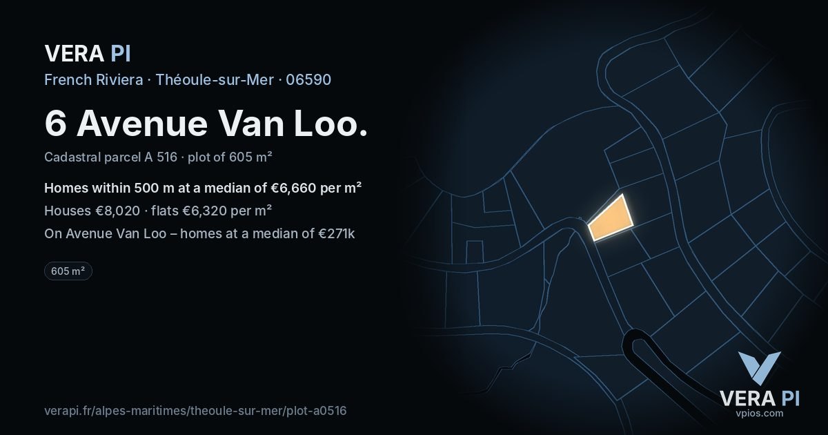 6 Avenue Van Loo, Théoule-sur-Mer at night – the plot lit, the parcels around coloured by the prices near them
