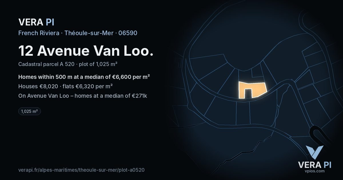 12 Avenue Van Loo, Théoule-sur-Mer at night – the plot lit, the parcels around coloured by the prices near them