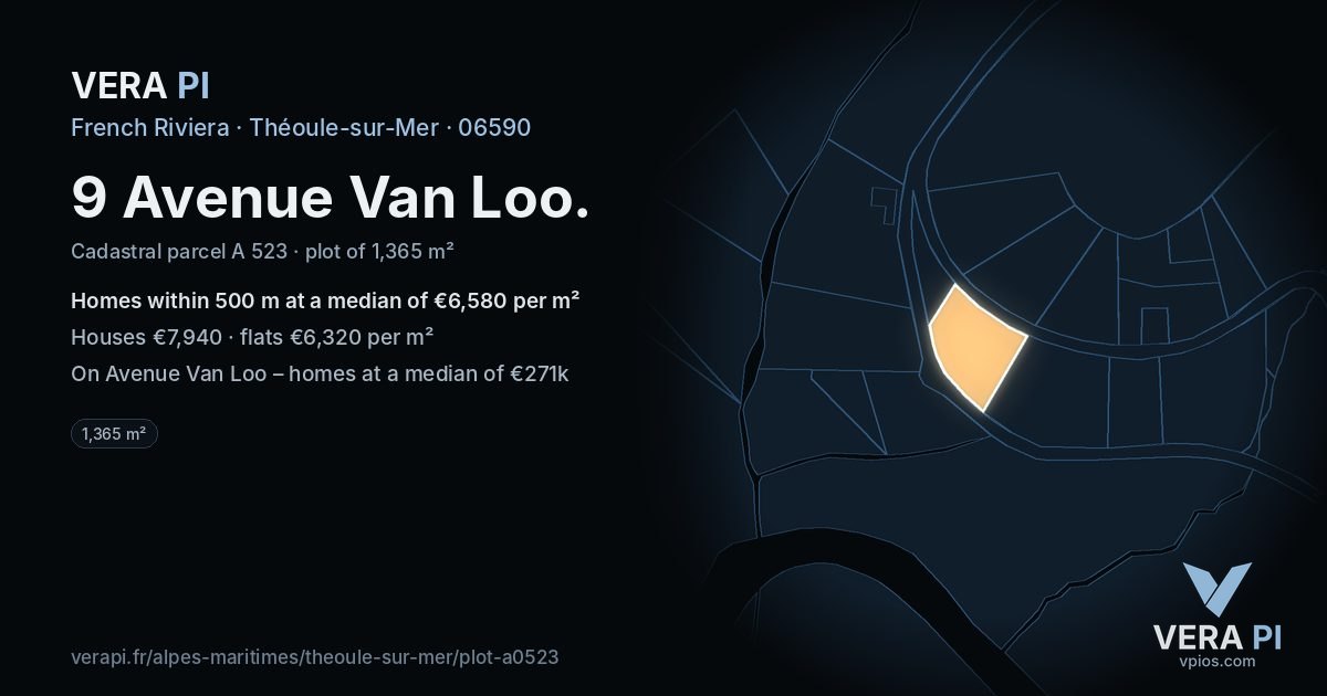 9 Avenue Van Loo, Théoule-sur-Mer at night – the plot lit, the parcels around coloured by the prices near them