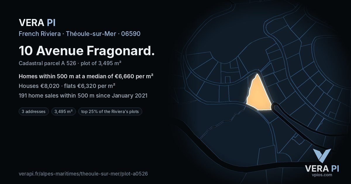 10 Avenue Fragonard, Théoule-sur-Mer at night – the plot lit, the parcels around coloured by the prices near them
