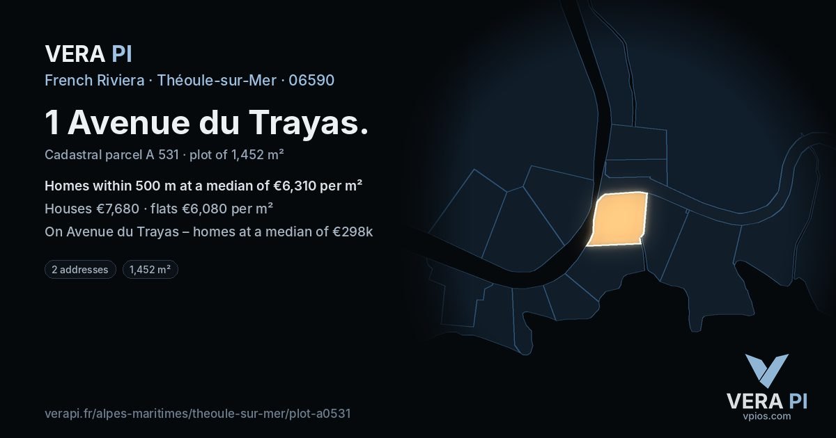 1 Avenue du Trayas, Théoule-sur-Mer at night – the plot lit, the parcels around coloured by the prices near them