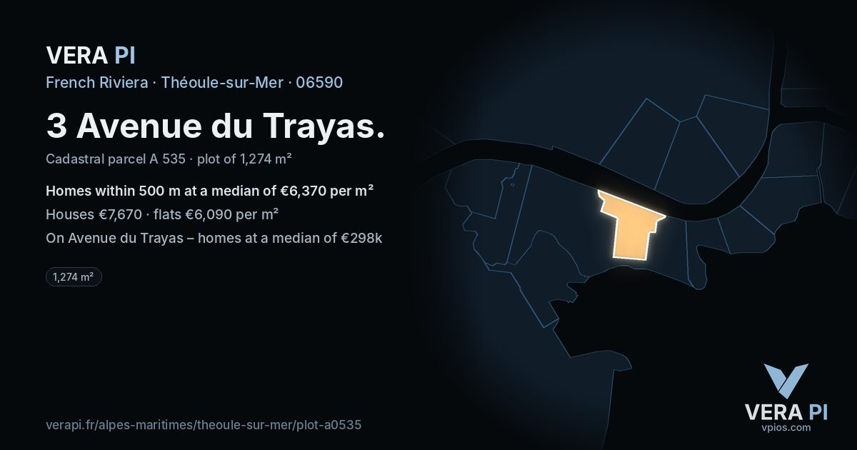 3 Avenue du Trayas, Théoule-sur-Mer at night – the plot lit, the parcels around coloured by the prices near them