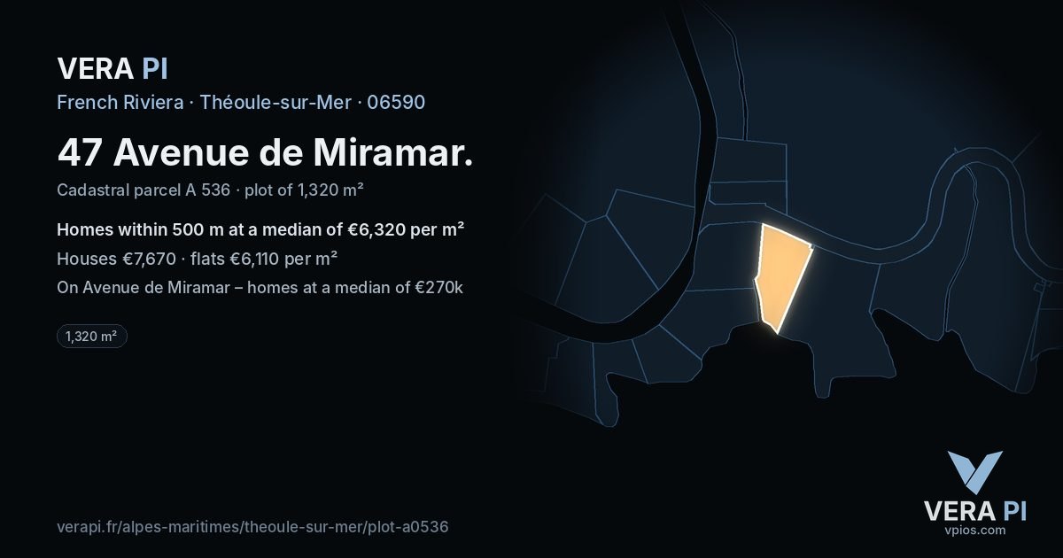 47 Avenue de Miramar, Théoule-sur-Mer at night – the plot lit, the parcels around coloured by the prices near them
