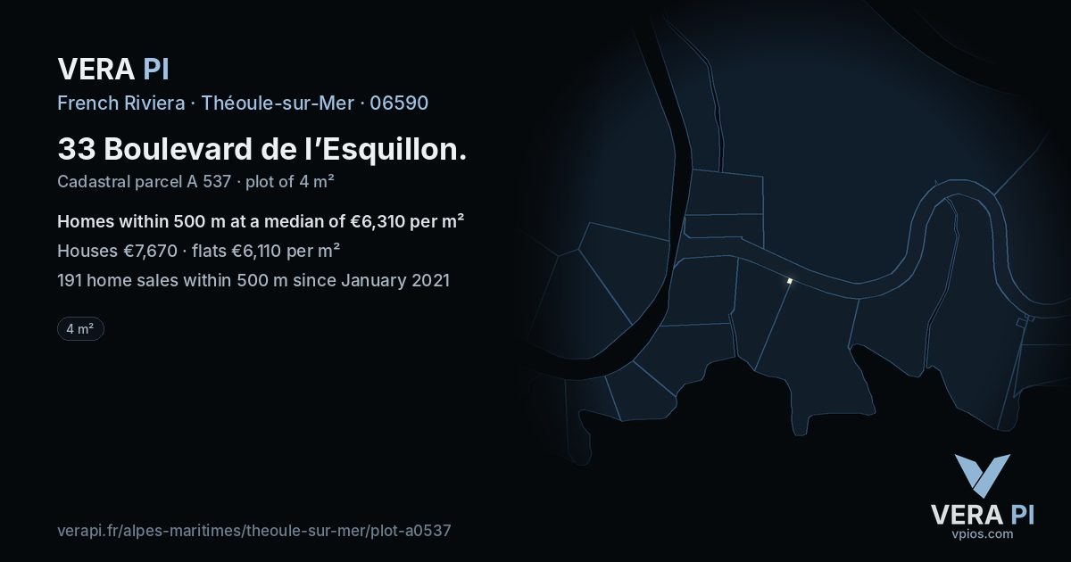 33 Boulevard de l’Esquillon, Théoule-sur-Mer at night – the plot lit, the parcels around coloured by the prices near them