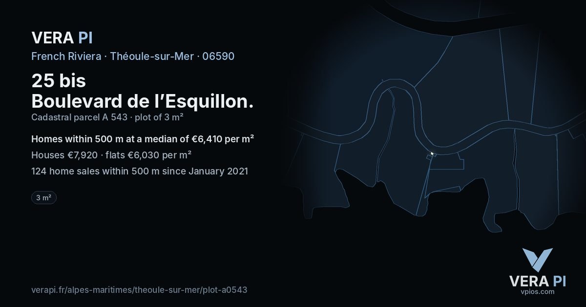 25 bis Boulevard de l’Esquillon, Théoule-sur-Mer at night – the plot lit, the parcels around coloured by the prices near them