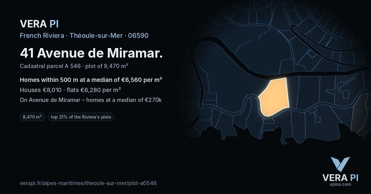 41 Avenue de Miramar, Théoule-sur-Mer at night – the plot lit, the parcels around coloured by the prices near them