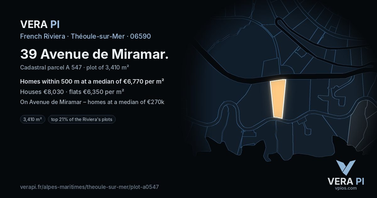 39 Avenue de Miramar, Théoule-sur-Mer at night – the plot lit, the parcels around coloured by the prices near them
