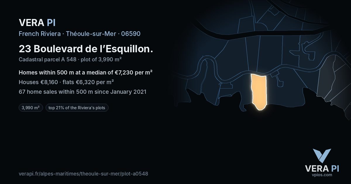 23 Boulevard de l’Esquillon, Théoule-sur-Mer at night – the plot lit, the parcels around coloured by the prices near them